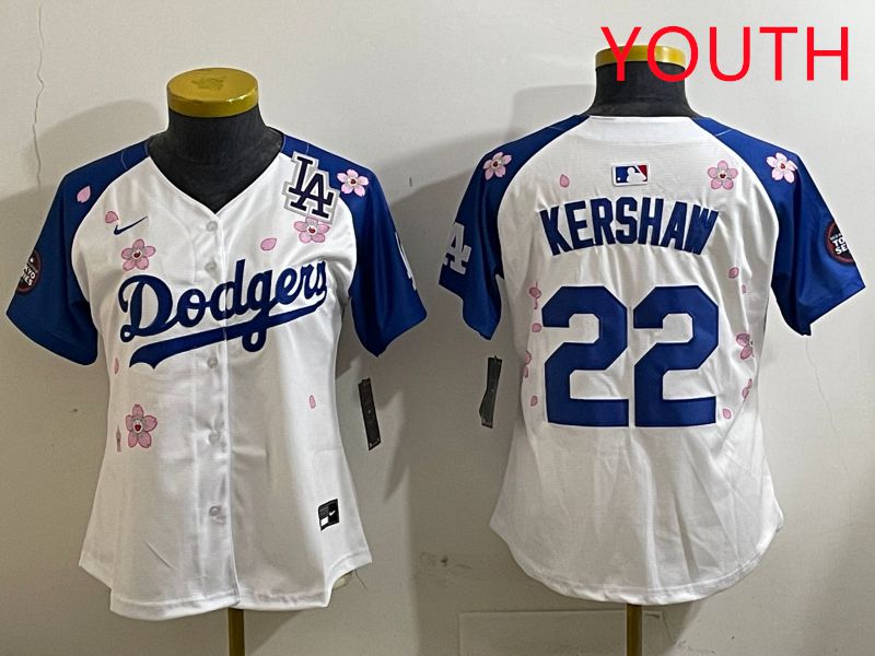 Youth Los Angeles Dodgers #22 Kershaw White Blue Sakura Edition 2025 Nike MLB Jersey style 8